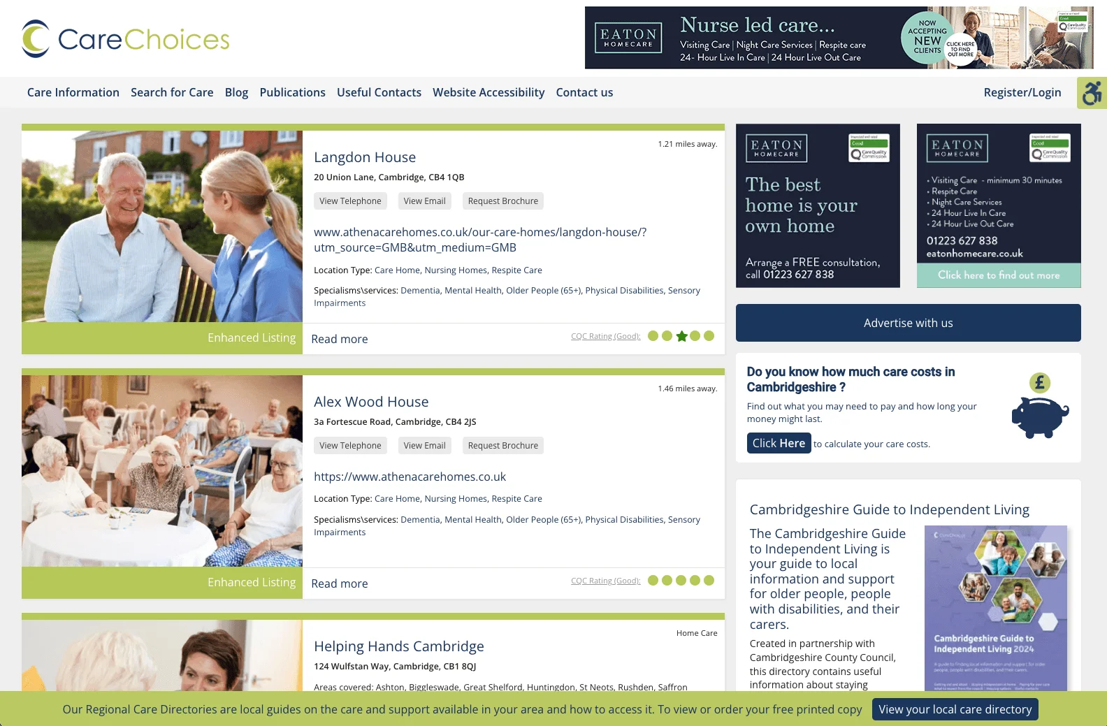 Care Choices care home search results for Cambridge