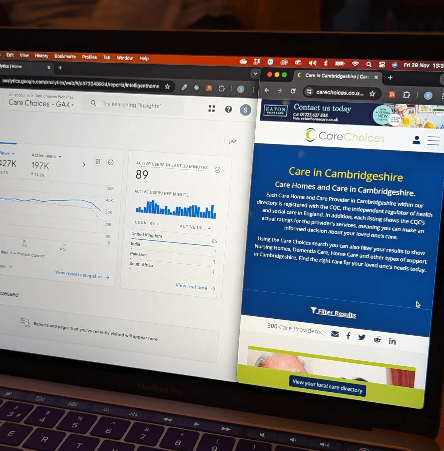 GA4 analytics for Care Choices on a MacBook beside the Care Choices website on a phone