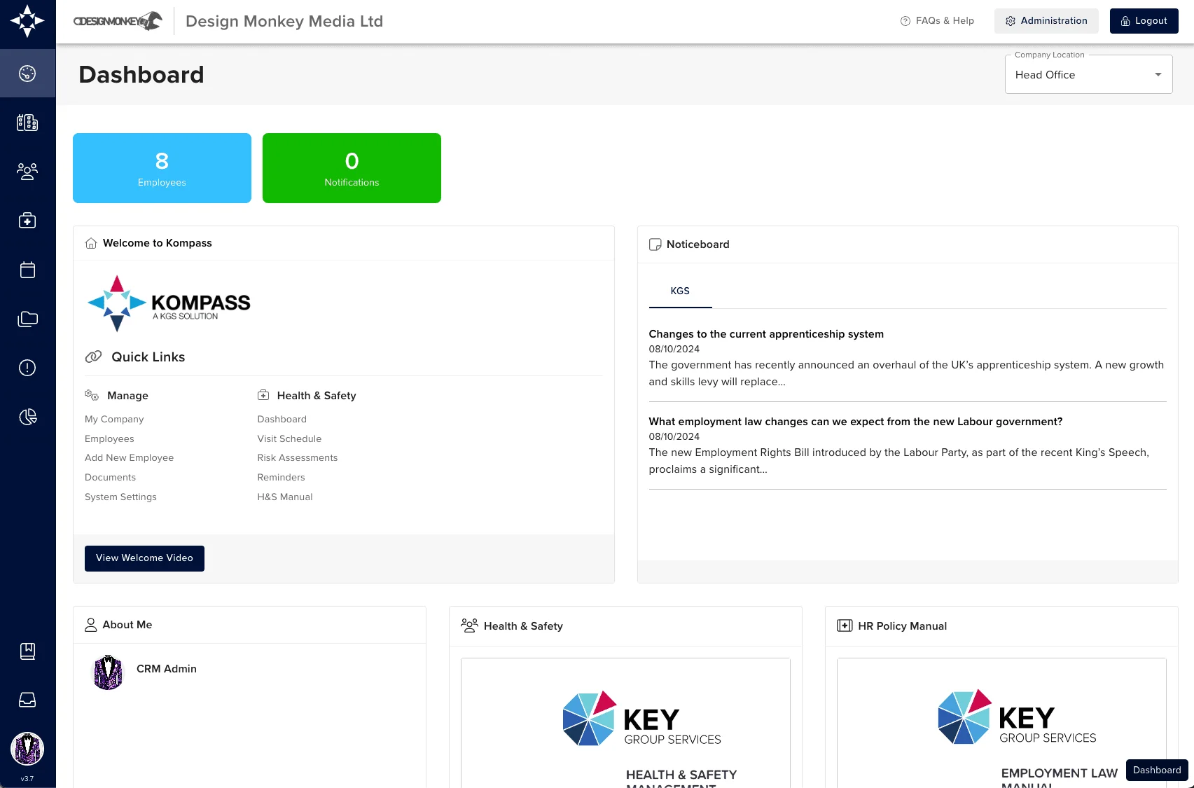 Kompass HR dashboard with employee and notification widgets