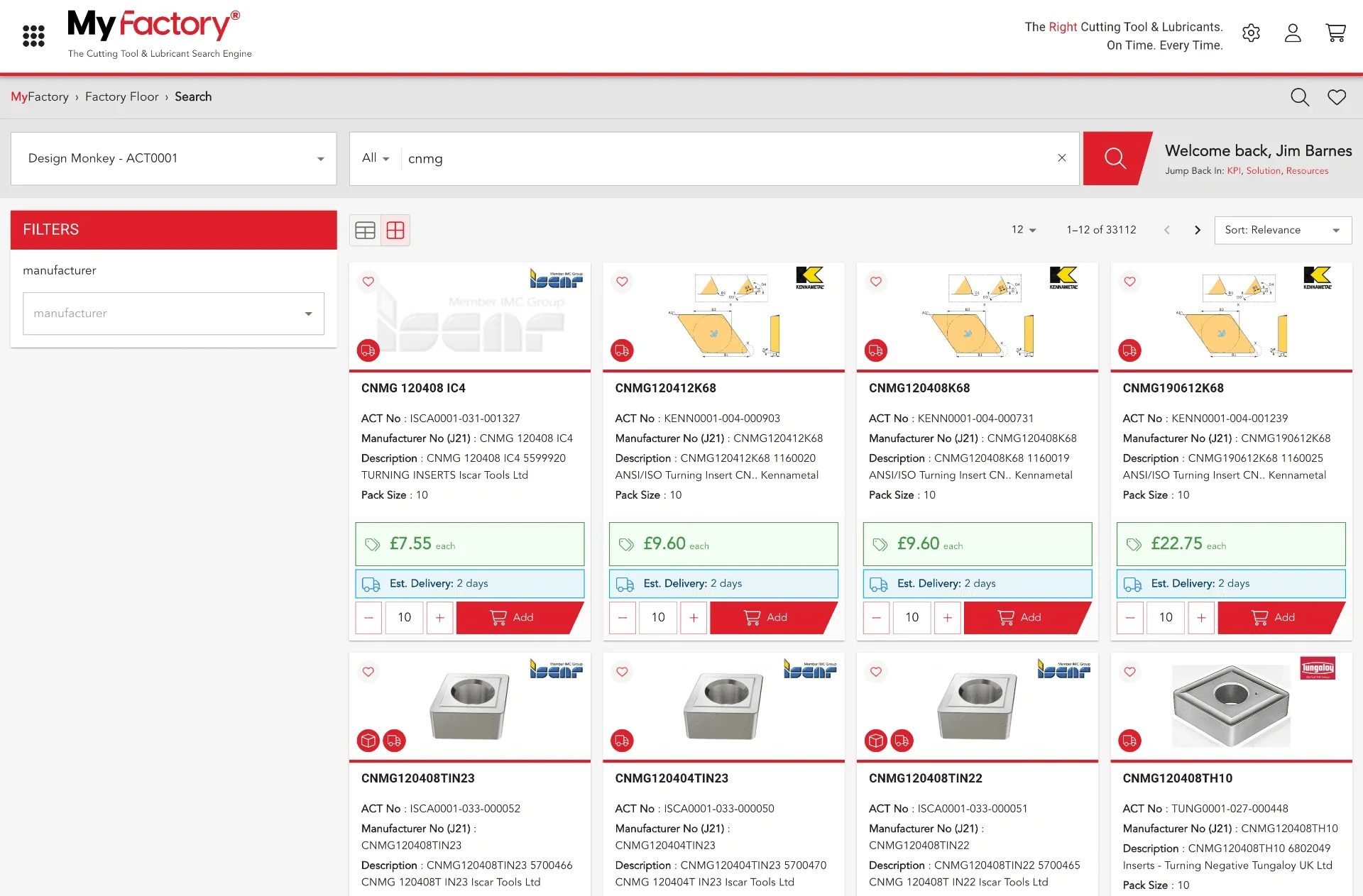 MyFactory product search results showing cutting tool listings