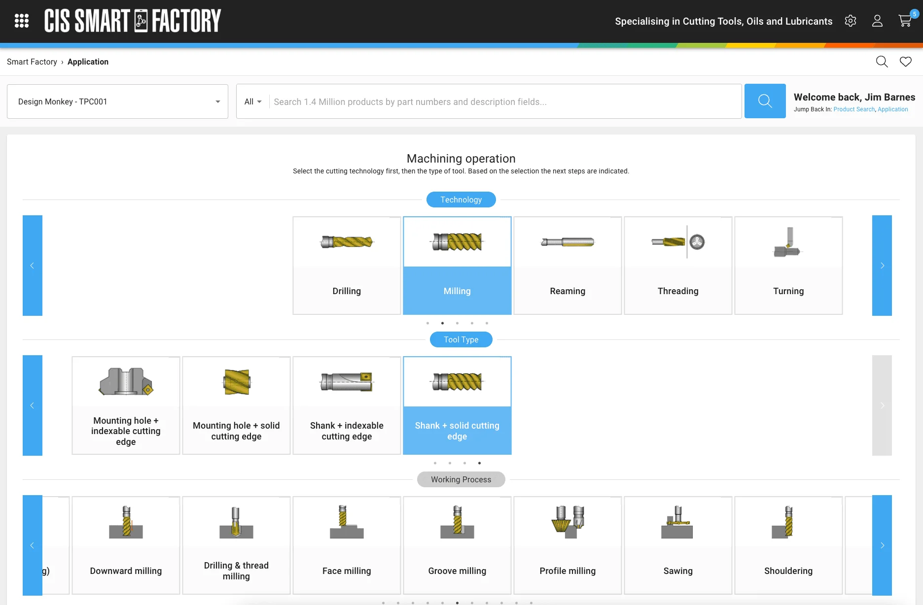 Application search interface for selecting machining operations and tool types