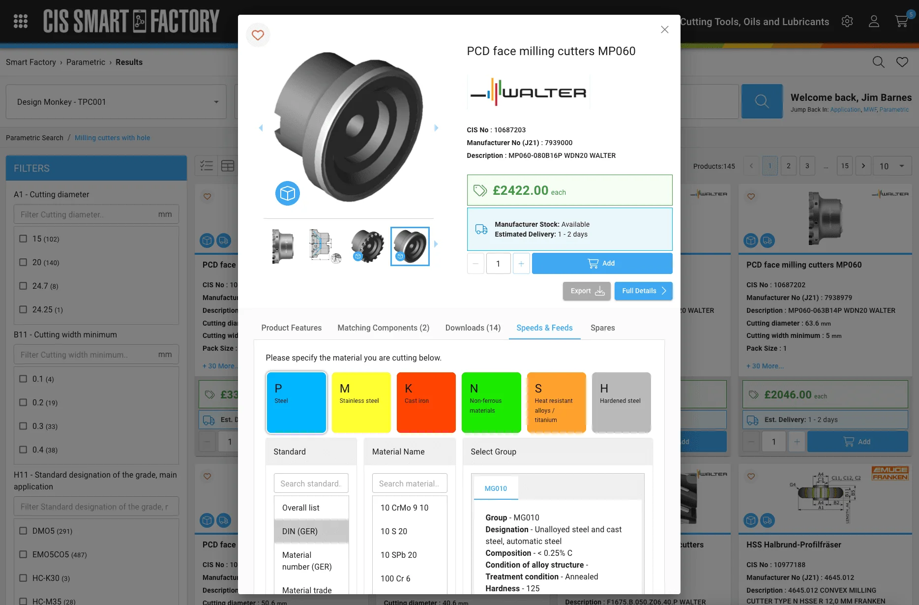 Product detail modal with speeds and feeds data for a milling cutter