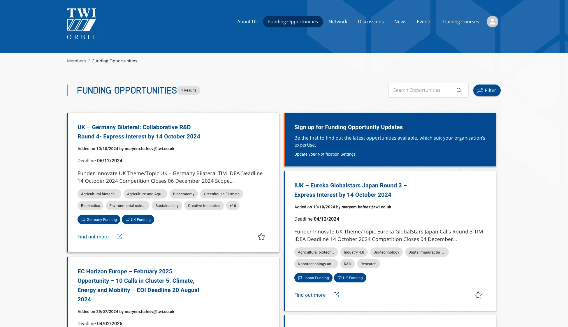 TWI Orbit funding opportunities listing page