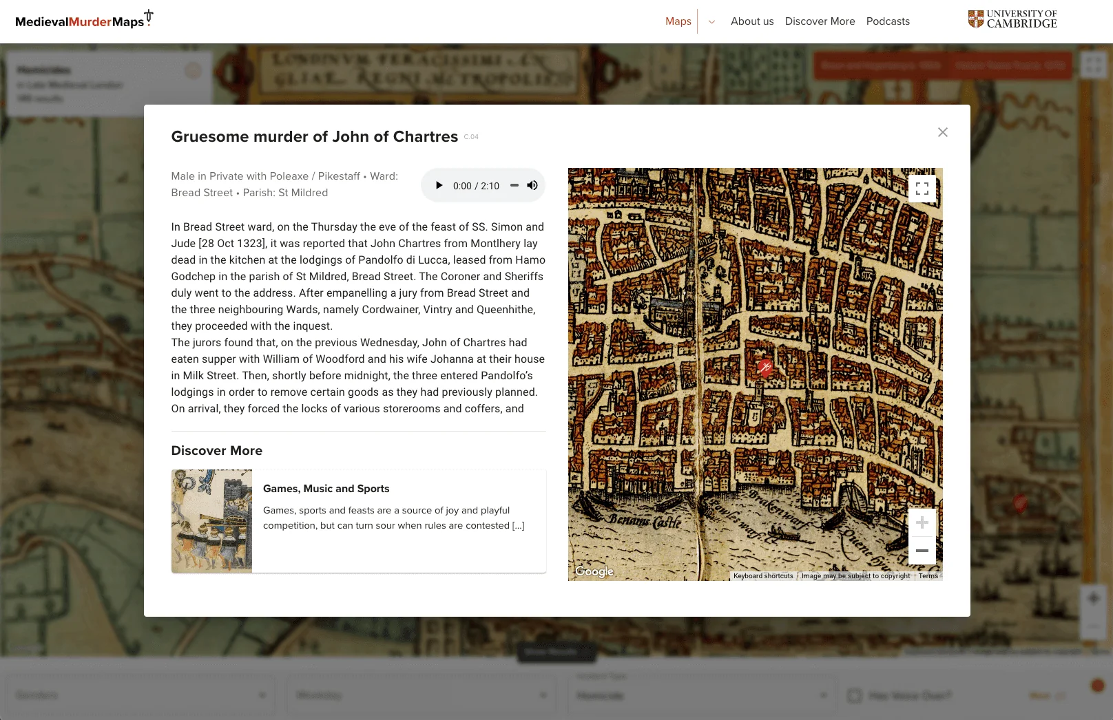 Medieval Murder Maps case study detail view with interactive historical map